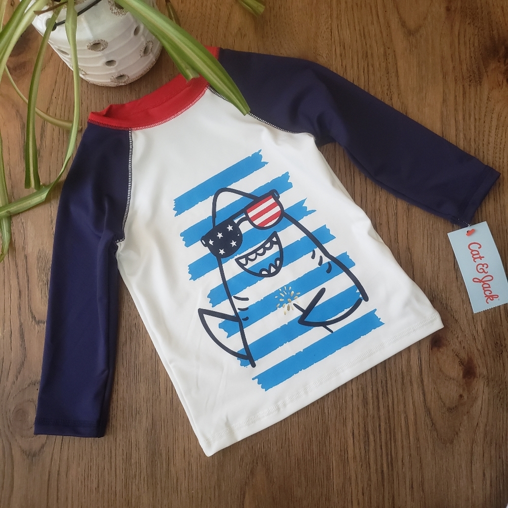 Cat & Jack‎ Shark Red White Blue Rashguard Swim Top